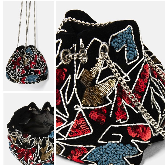 Zara Handbags - NWT Zara Beaded Abstract Bucket Cross Body Bag